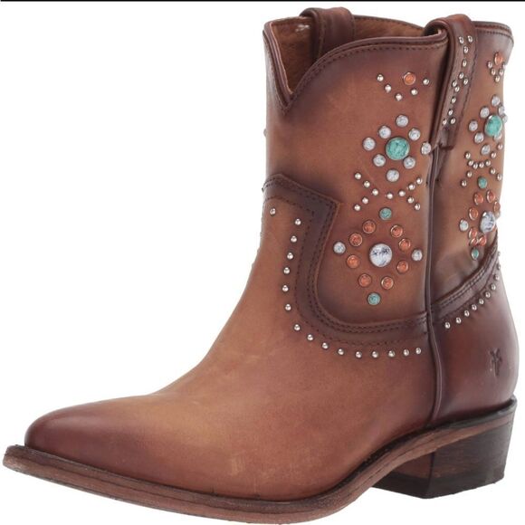 Frye Billy Stone Short Studded Cognac Boots - Picture 1 of 9